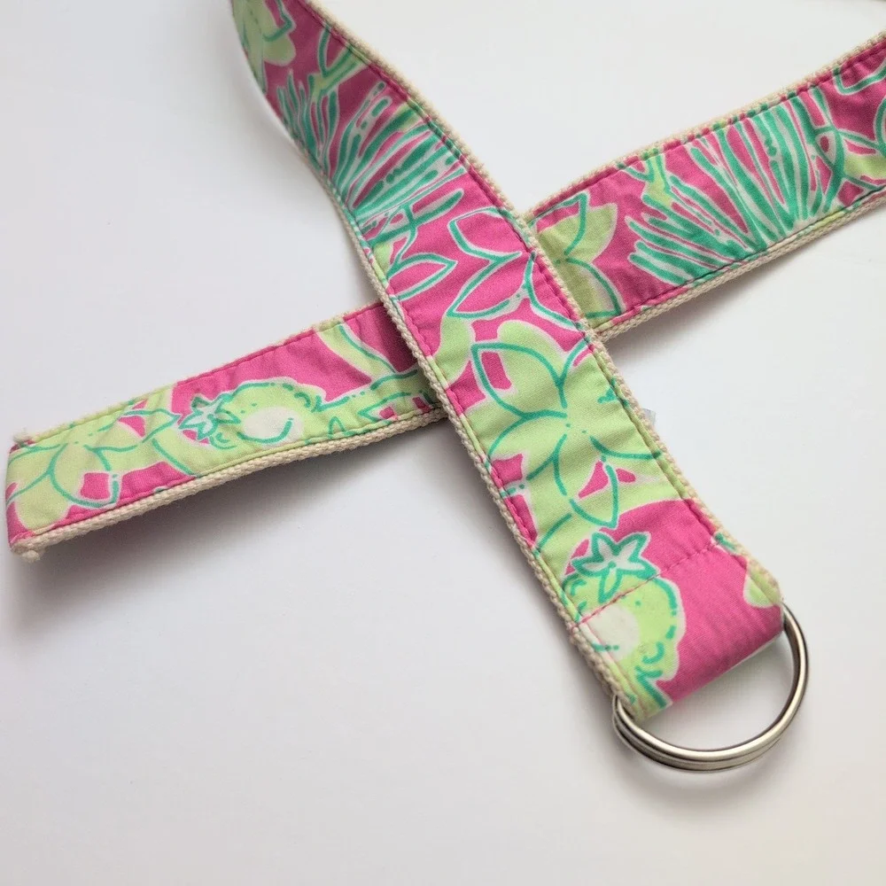 Lilly Pulitzer Canvas Belt Tropical Floral Pink Green D Ring Sz M Preppy Coastal